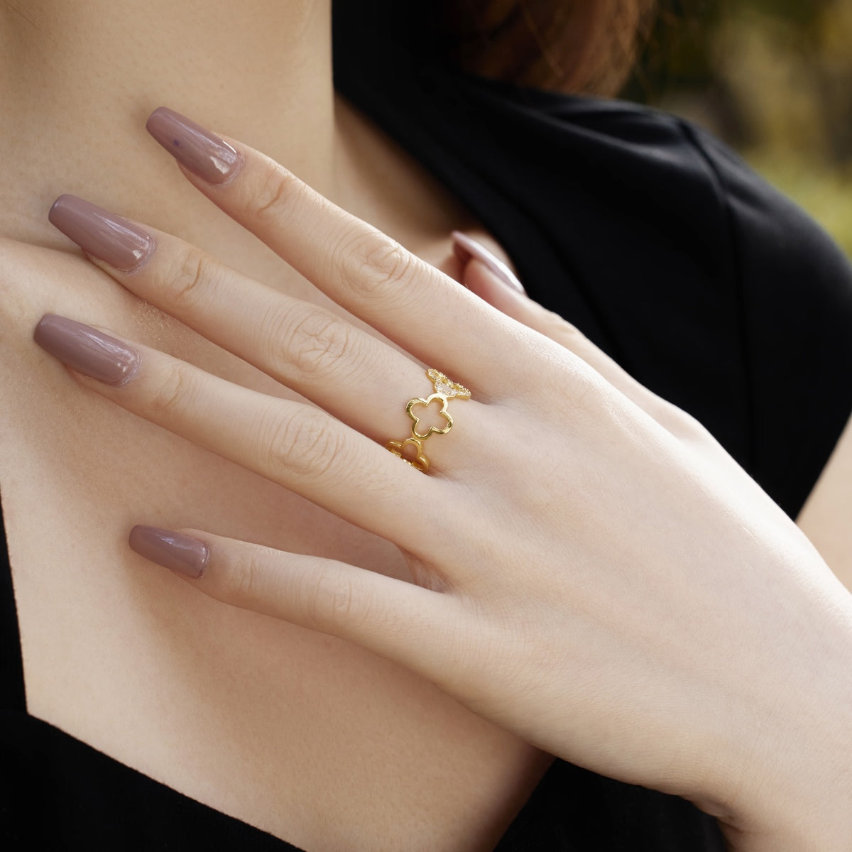 [AuraEcho]Hollow Design Four-Leaf Clover Flower Shape Ring