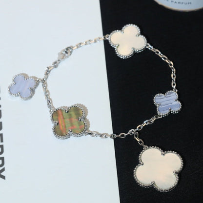 [AuraEcho]CLOVER BRACELET 5 MOTIFS MOP CHALCEDONY SILVER