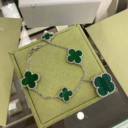 [AuraEcho]CLOVER 5 MOTIFS SIVLER MALACHITE BRACELET