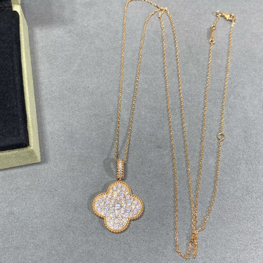 [AuraEcho]CLOVER 25MM LARGE PEDANT DIAMOND PAVED LONG NECKLACE