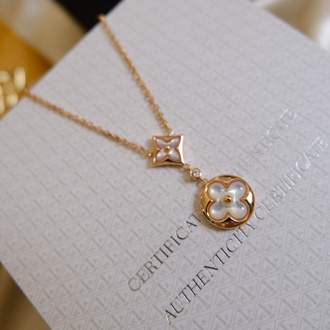 [AuraEcho]STAR AND SUN WHITE MOP 2 MOTIF PINK GOLD NECKLACE