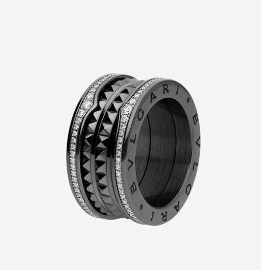 [AuraEcho]ZERO 1 ROCK FOUR-BAND BLACK CERAMIC WITH STUDDED SPIRAL AND PAVED DIAMONDS RING