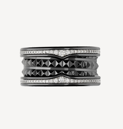 [AuraEcho]ZERO 1 ROCK FOUR-BAND BLACK CERAMIC WITH STUDDED SPIRAL AND PAVED DIAMONDS RING