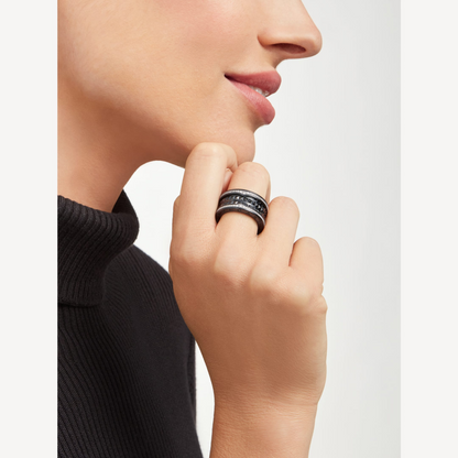 [AuraEcho]ZERO 1 ROCK FOUR-BAND BLACK CERAMIC WITH STUDDED SPIRAL AND PAVED DIAMONDS RING