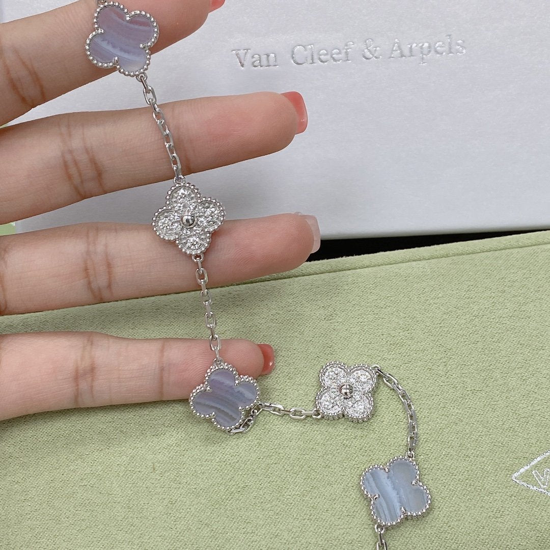 [AuraEcho]CLOVER  5 MOTIF DIAMOND PURPLE CHALCEDONY BRACELET SILVER