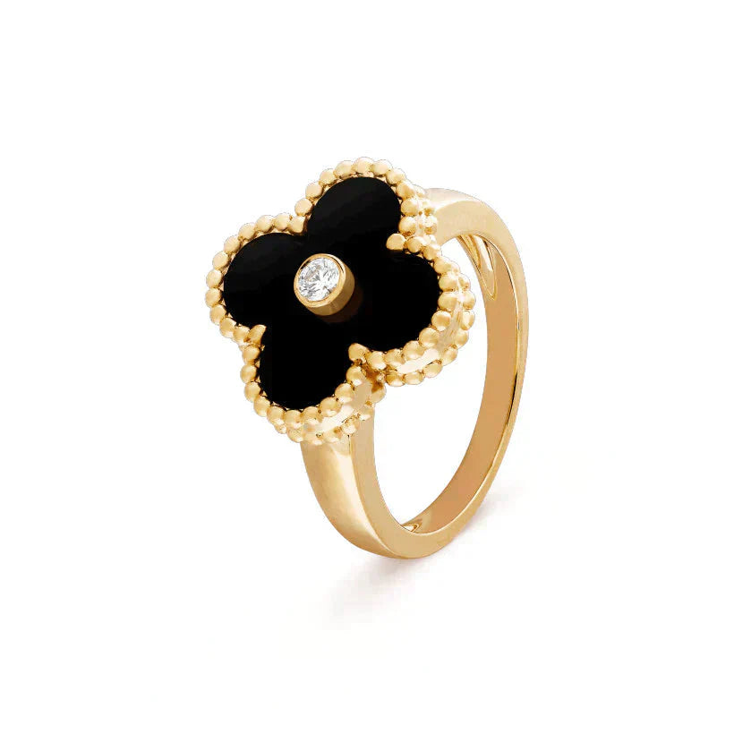 [AuraEcho]CLOVER ONYX RING GOLD DIAMOND